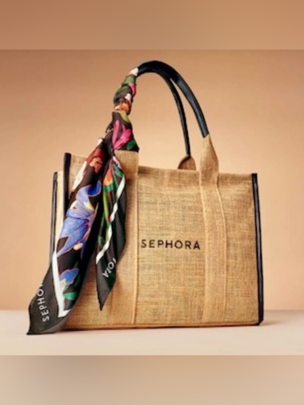 Sephora Natural Beige Jute Tote with Multicolor Scarf Accent